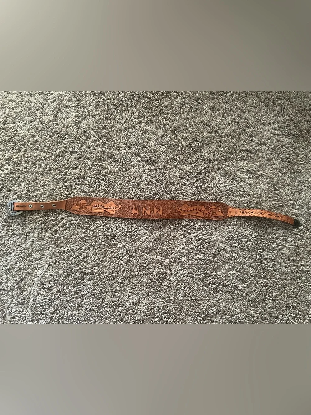 Vintage Hand‑Tooled Kids Brown Leather Belt with 'ANN' Name Silver Hardware